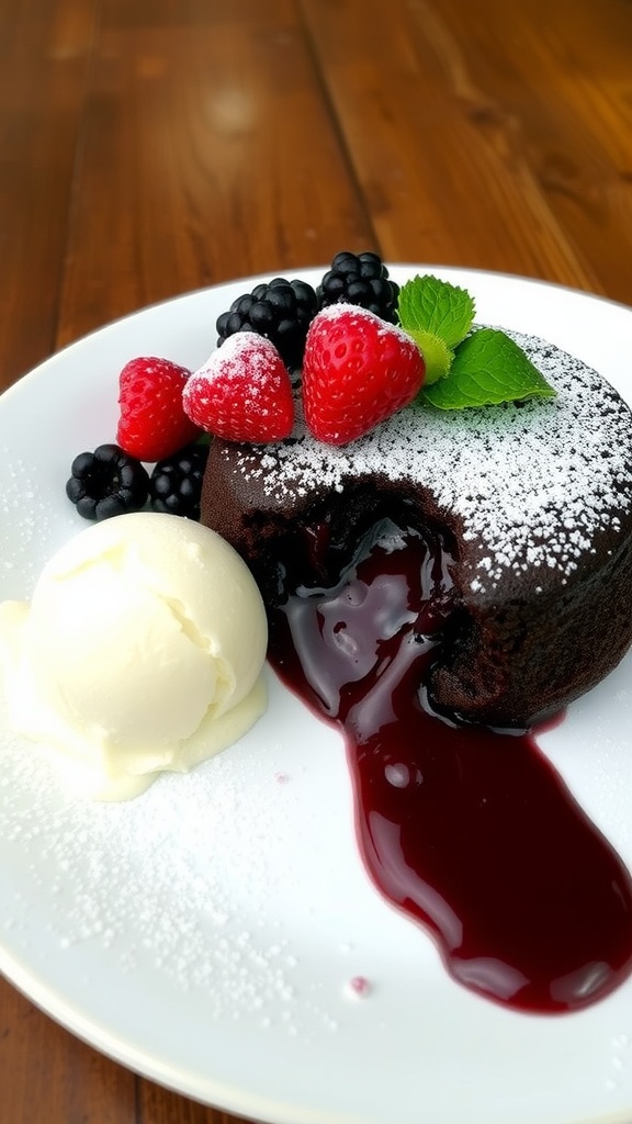 Chocolate lava cake with molten center, garnished with berries and ice cream on a rustic table.